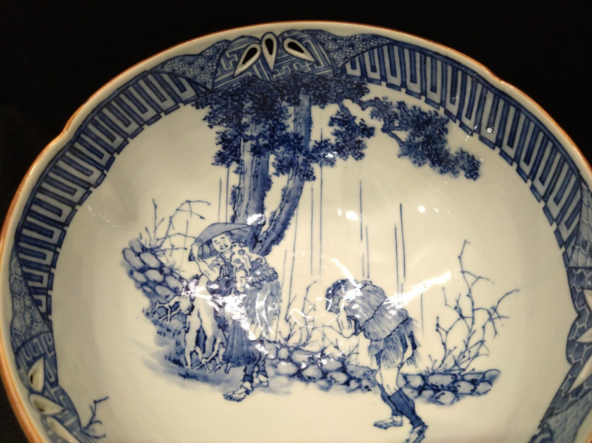 北村宗善 染付人物紋透かし彫大鉢（箱なし）｜京焼・清水焼 希少作品