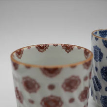 画像をギャラリービューアに読み込む, 京焼・清水焼 叶松谷 染付赤絵花更紗夫婦湯呑 組湯呑