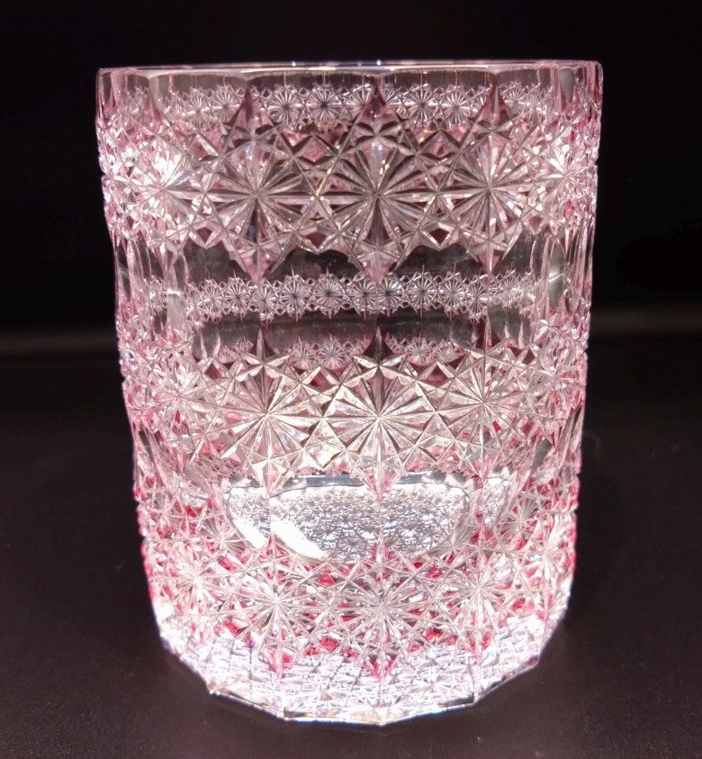 江戸切子　青山弥生　ロックグラス　ソーダ　ピンク