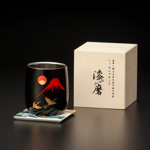 山中塗 漆磨 赤富士に鶴 ダルマカップ （二重構造）