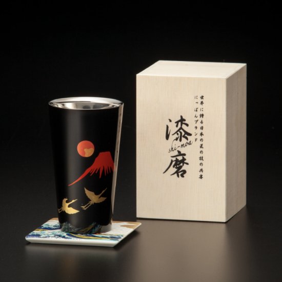 山中塗 漆磨 赤富士に鶴 ストレートカップ （二重構造）